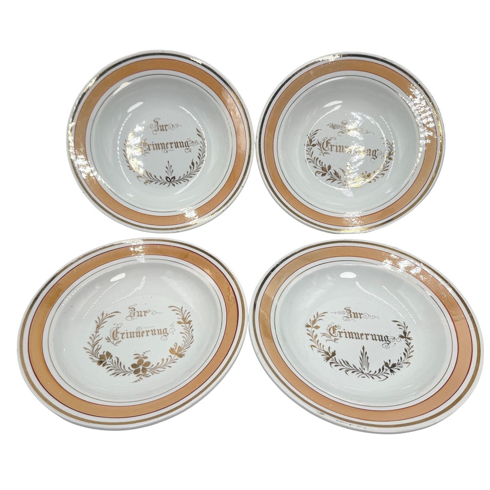 Amberg Zur Erinnerung Plates Set‎ of 4 White Orange Gold Antique 1800s RARE